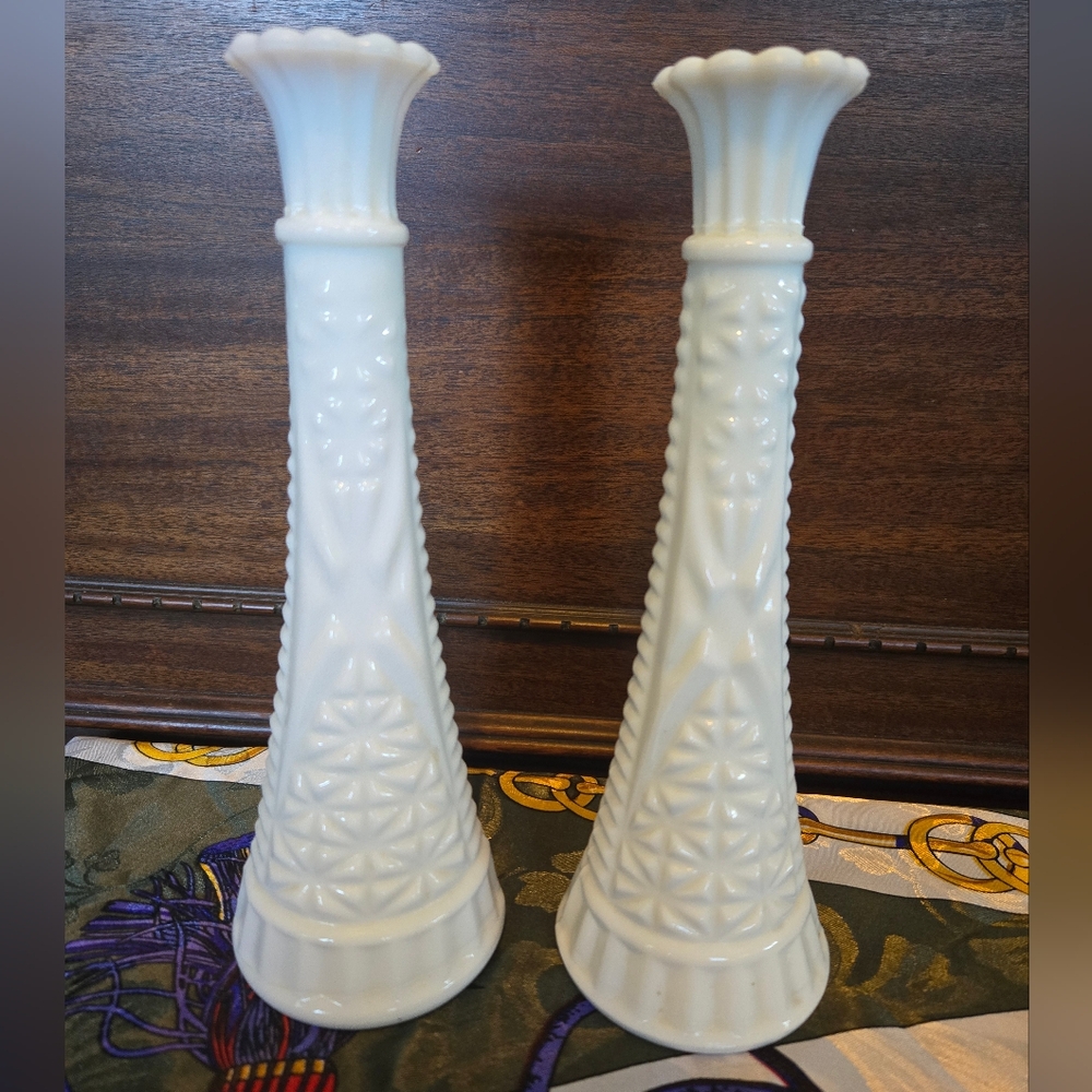 Set Of Two 9 Inch Tall Milk Glass Vases - Picture 2 of 7